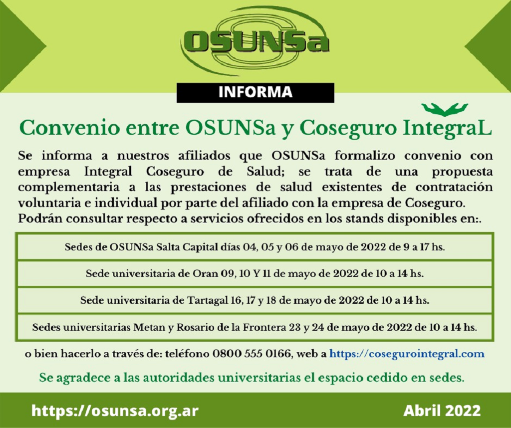 Flyer de la OSUNSa del convenio con el coseguro integral